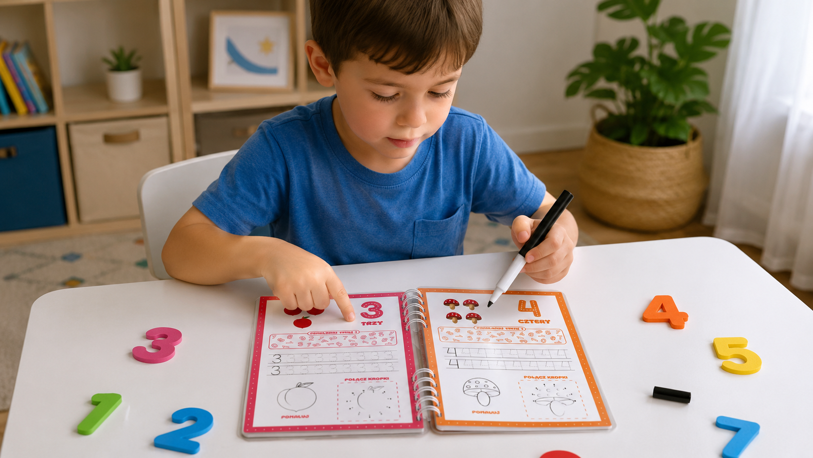 Dziecko uczy się liczyć przez zabawę z książeczką edukacyjną na rzepy
