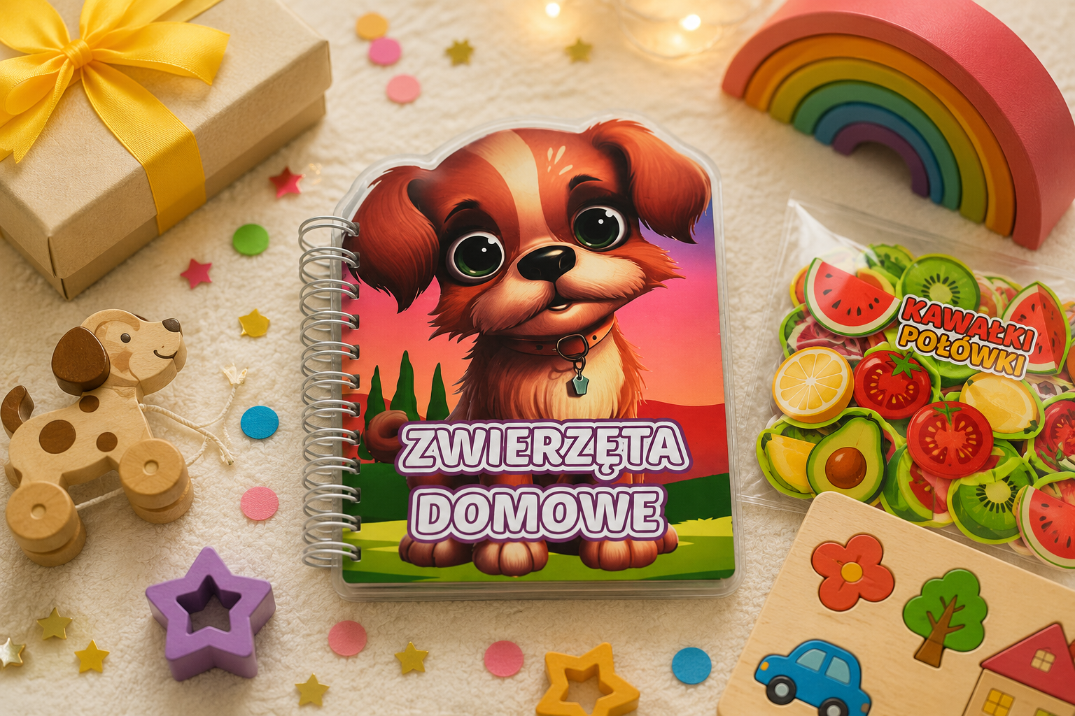 Dziecko bawi się książeczką na rzepy bez telefonu